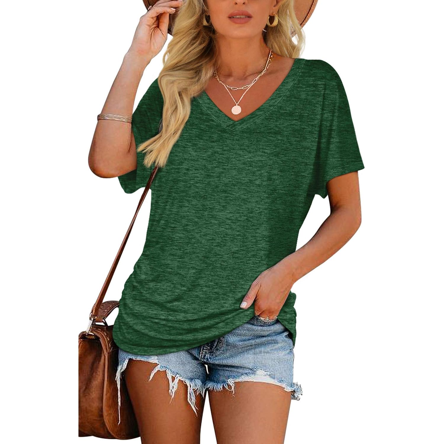 Women's Side Shirring V-Neck Tunic Top Green