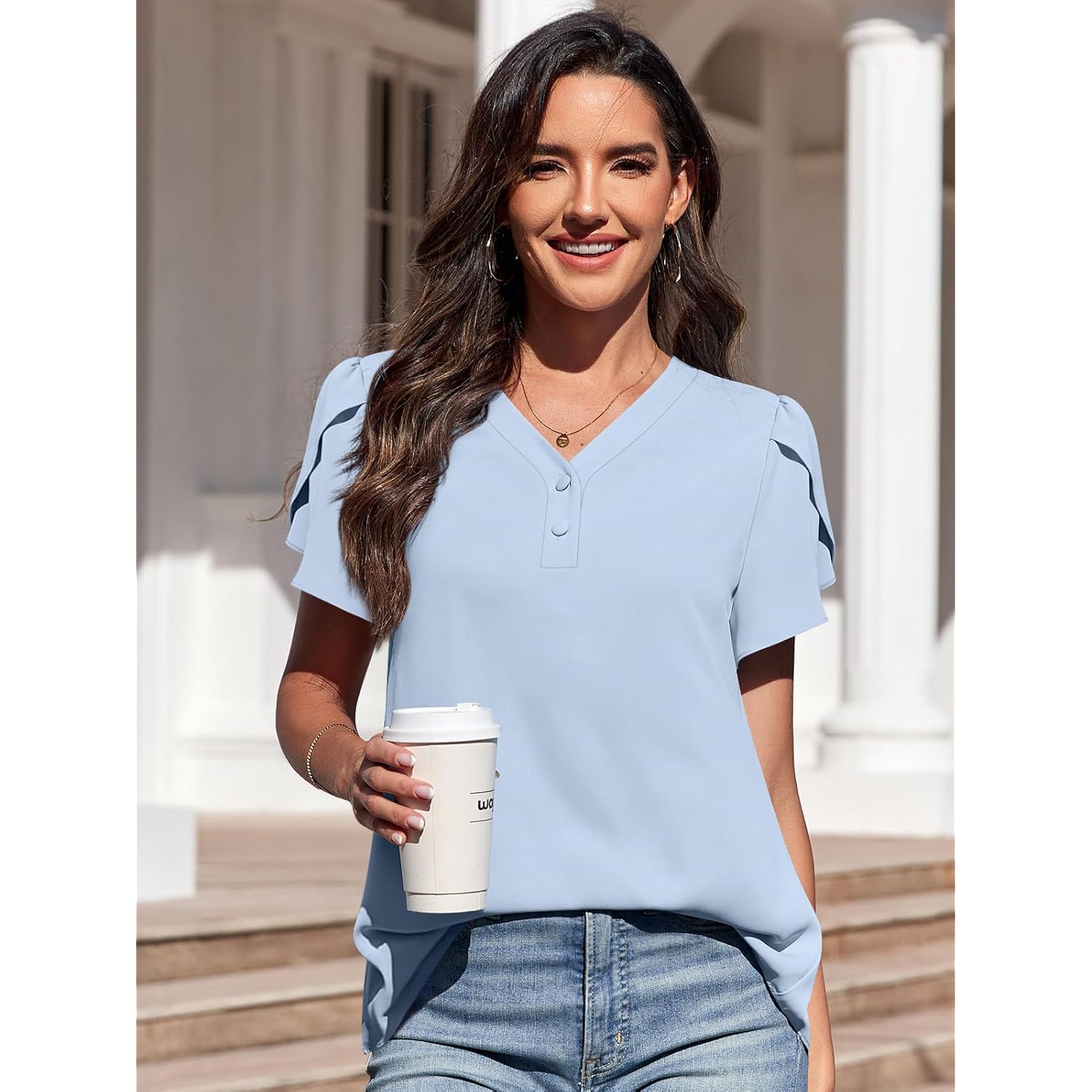 Women's Button Front Chiffon Tunic Top Light Blue