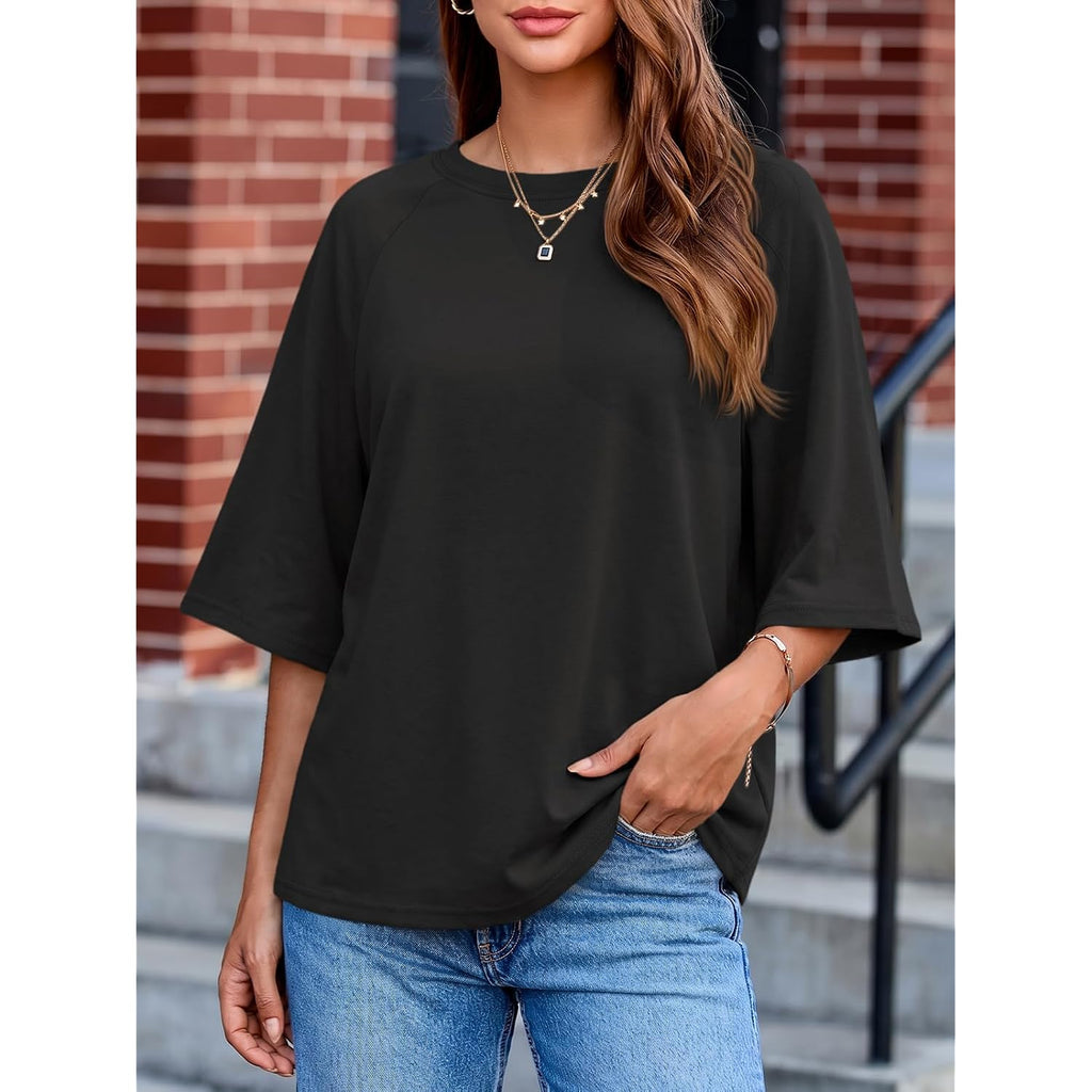 Tankaneo Womens Oversized Half Sleeve T-Shirts Trendy Casual Baggy Loose Fit Tops Summer Crew Neck Tees Shirts