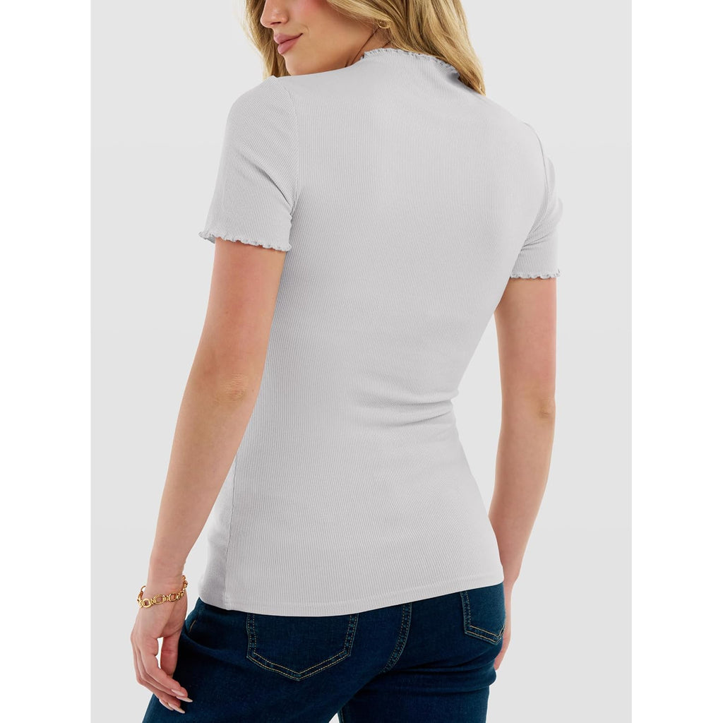 ANRABESS Women's Mock Neck Tops, Short Sleeve Fitted Tee, Soft Comfy Ribbed Tshirts, Summer Going Out Outfits for Daily& Work