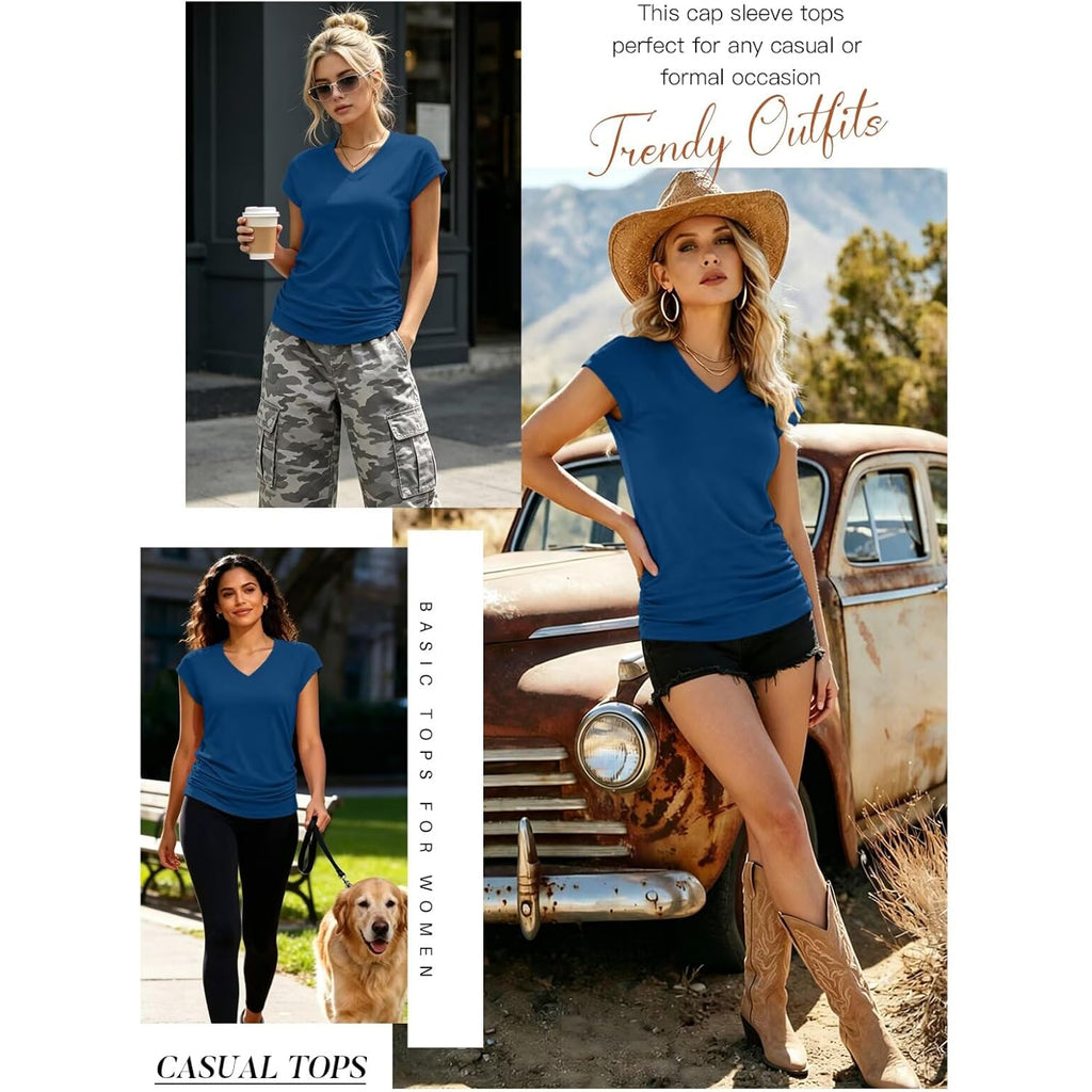 Bliwov Womens Summer Tops Business Casual Cap Sleeve V Neck T Shirts Trendy Outfits Beach Vacation Clothes Fashion Blouses