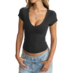 EasyGala Womens Deep V Neck Short Sleeve Shirts Sexy Slim Fit Crop Tops Basic Tees Going Out Summer Outfits