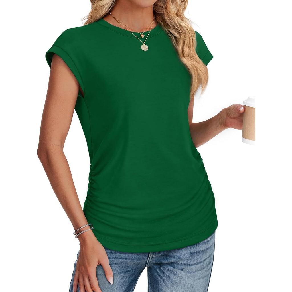 SAMPEEL Womens Summer Tops Trendy 2025 Ruched Cap Short Sleeve Tshirts Shirts Crew Neck T Shirts Fashion