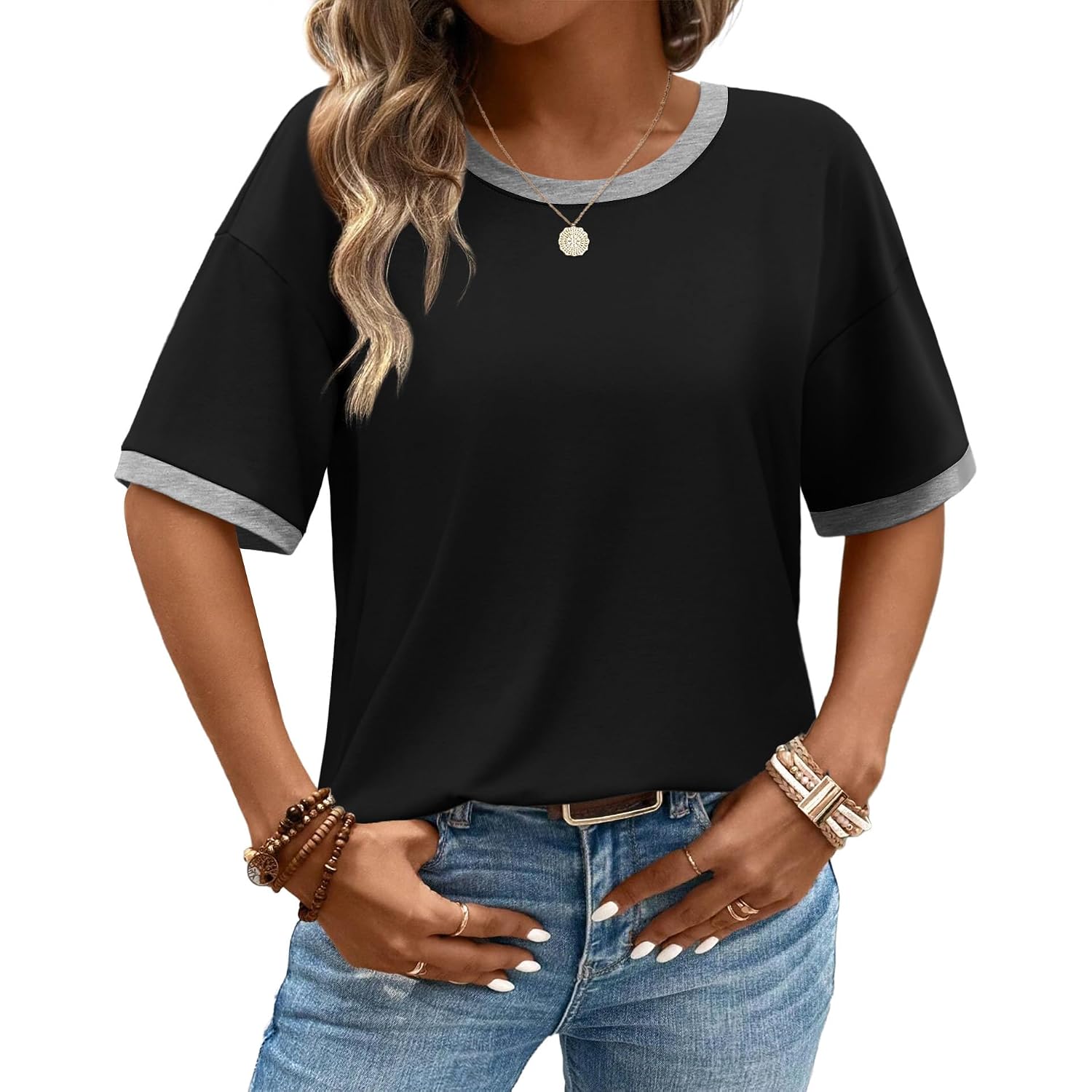 WIHOLL Womens T Shirts Loose Fit Short Half Sleeve Crew Neck Oversized Tshirts Color Block Summer Tops Fashion 2026
