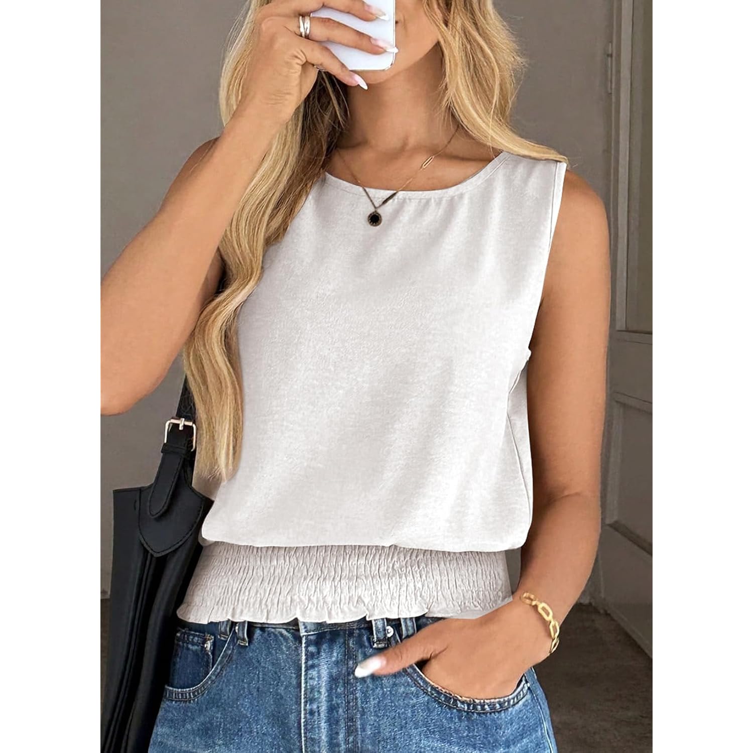 Women's Boho Smocked Tank Top White