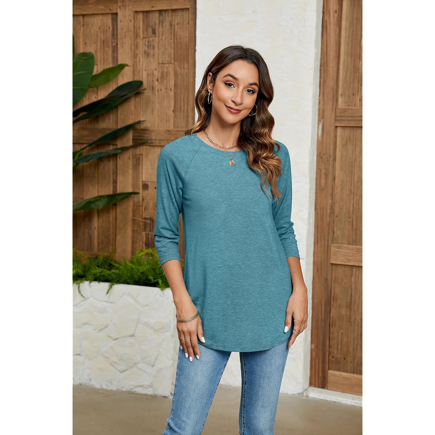 Women's Basic Round Neck Tunic Top Blue/Green