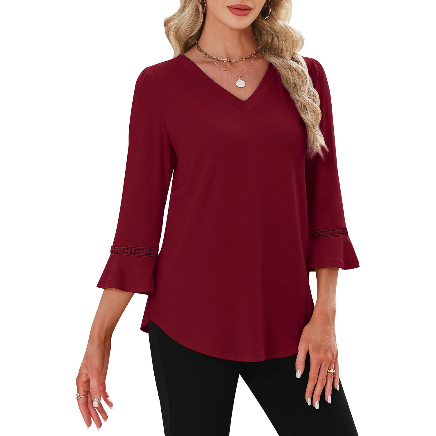 WIHOLL Womens Blouses Dressy Casual 3/4 Length Sleeve Tops Lace Trendy 2026 Spring Summer V Neck Shirts Vacation Outfits