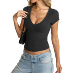 EasyGala Womens Deep V Neck Short Sleeve Shirts Sexy Slim Fit Crop Tops Basic Tees Going Out Summer Outfits