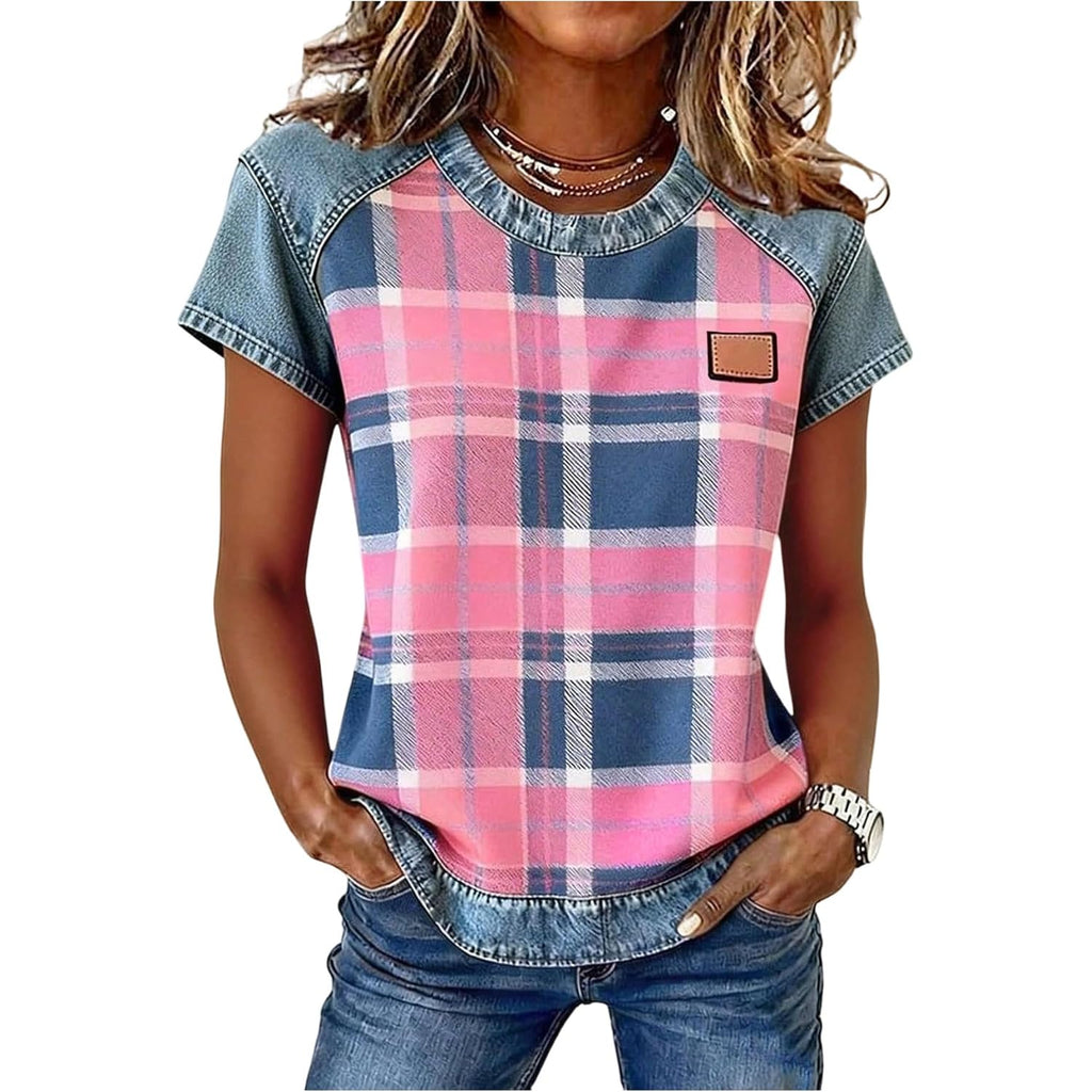 SOLY HUX Women's Vintage Tees Plaid Shirt Denim Short Sleeve T Shirts Summer Tops