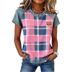 SOLY HUX Women's Vintage Tees Plaid Shirt Denim Short Sleeve T Shirts Summer Tops