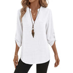 Women's Roll-Up Sleeve V-Neck Tunic Top White