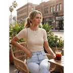 ZESICA Women's Short Sleeve Sweater Tops 2026 Summer Crewneck T Shirt Ribbed Knit Slim Fit Basic Solid Color Tee