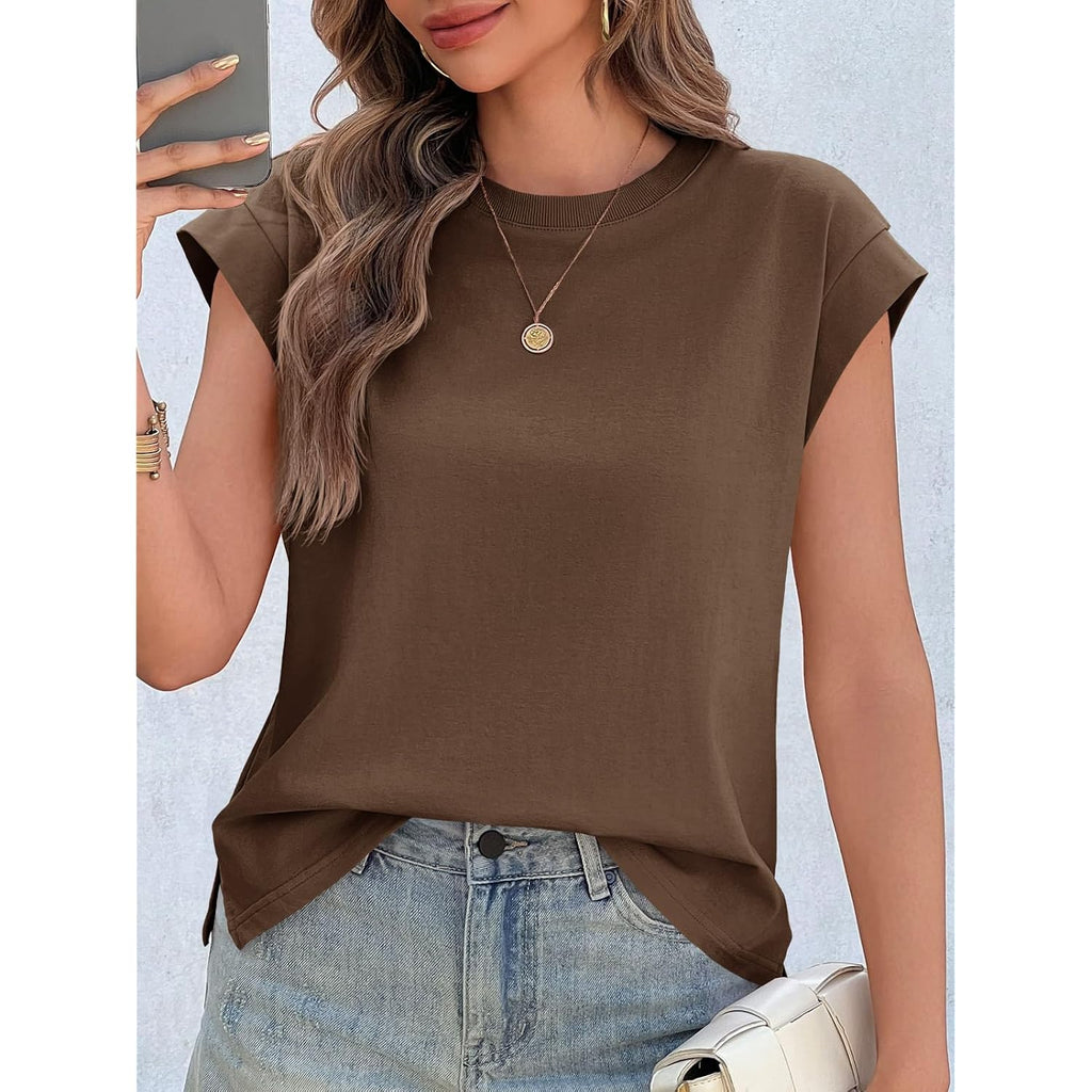 Cicy Bell Womens Cap Sleeve Tops Summer Casual Cotton T Shirts Loose Fit Crew Neck Basic Tee