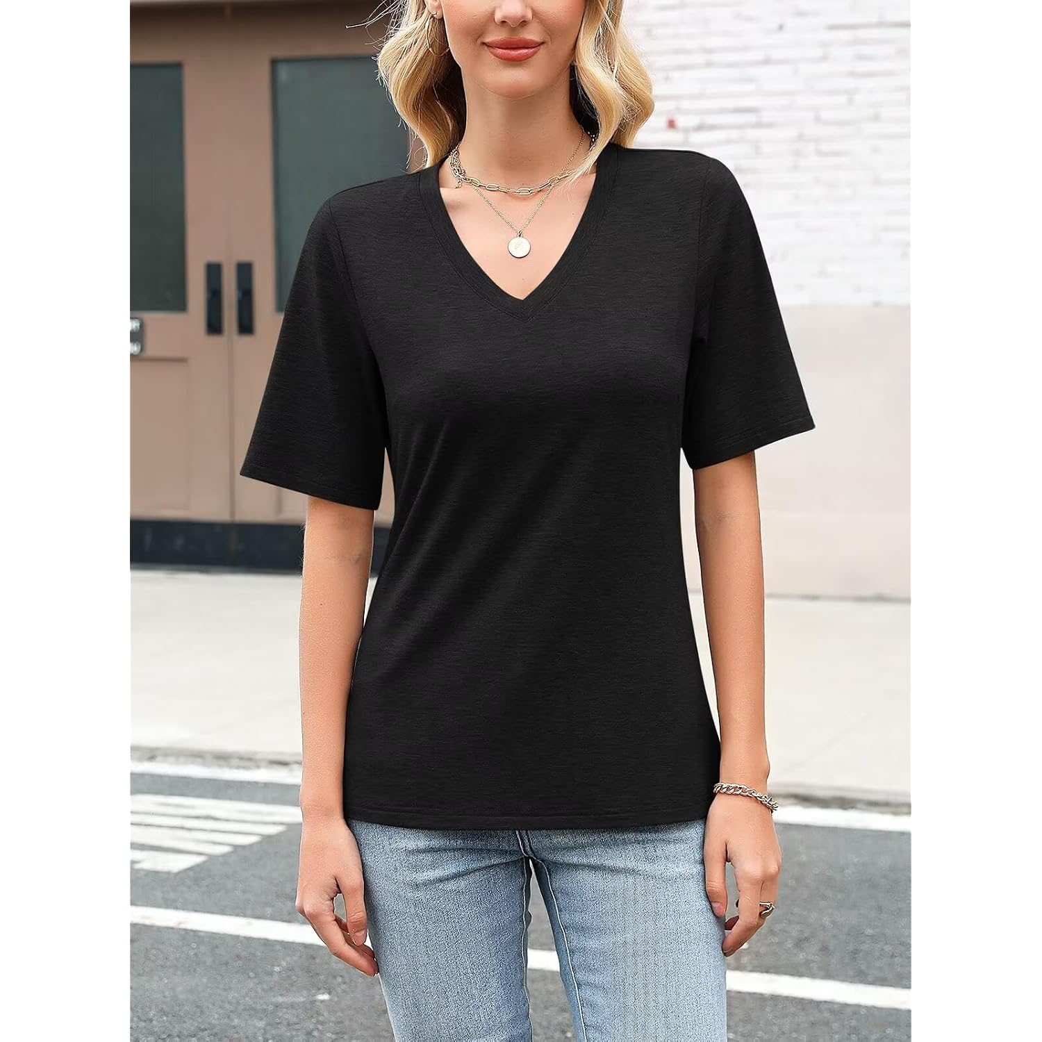 Minetom Women's V Neck T Shirts Casual Half Sleeve Tops Basic Summer Tees
