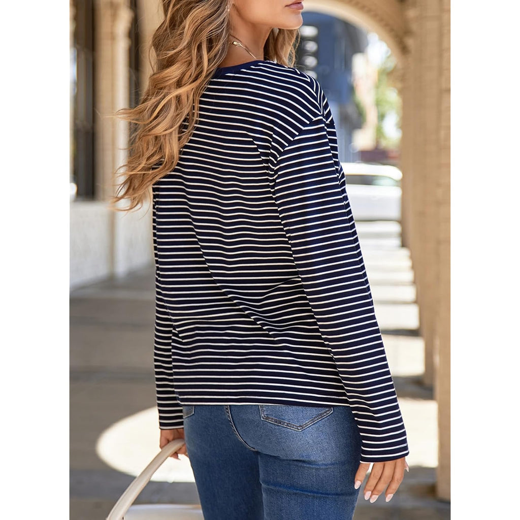 Dokotoo Women's 2026 Fall Summer Casual Long Sleeve Tops Lightweight Crew Neck Knit Basic Striped T Shirts