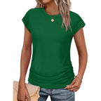 SAMPEEL Womens Summer Tops Trendy 2025 Ruched Cap Short Sleeve Tshirts Shirts Crew Neck T Shirts Fashion