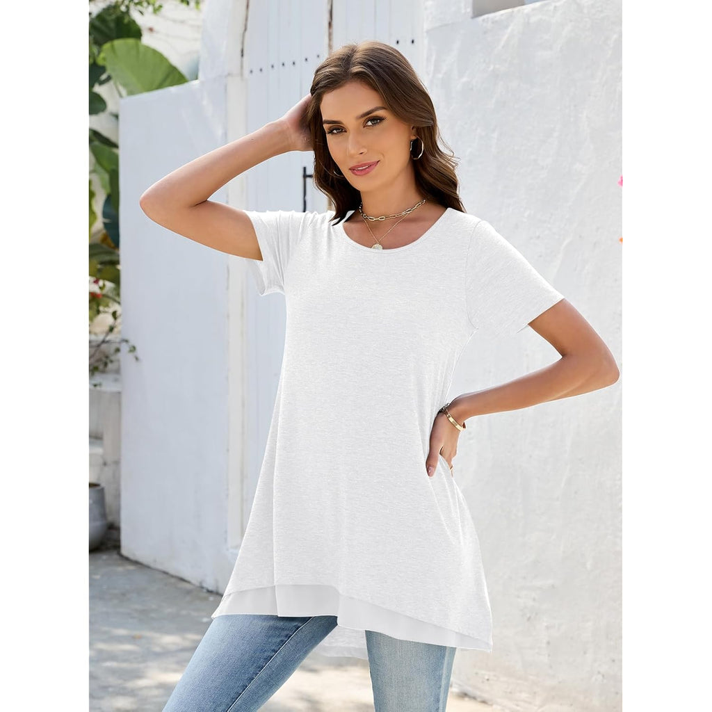 Women's Layered Chiffon Hem Tunic Top White