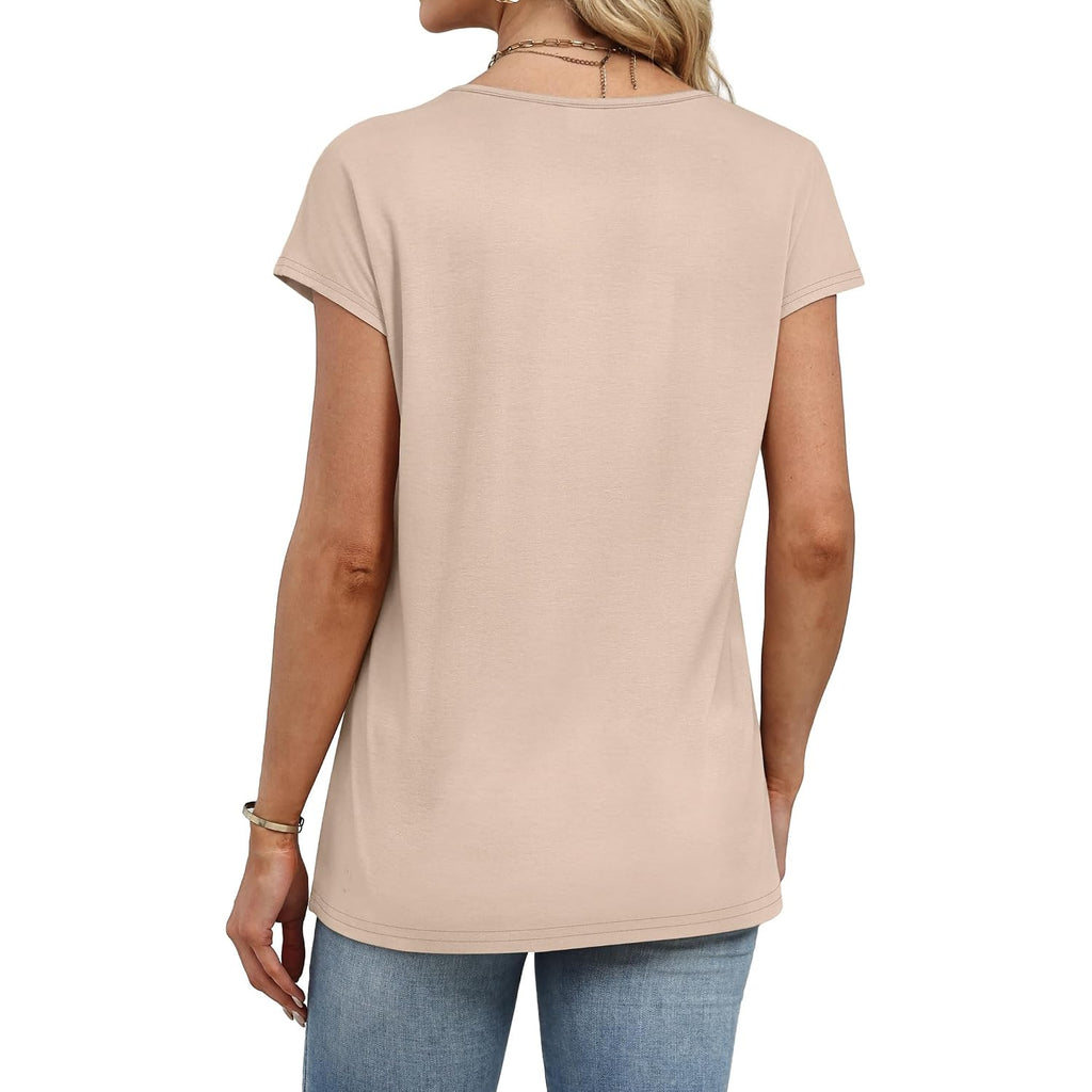 WIHOLL Womens Summer Tops Cap Short Sleeve Shirts Button Down Blouses U Neck T Shirts Fashion Clothing