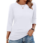 WIHOLL Womens 3/4 Length Sleeve Tops Crewneck Ruched Summer Shirts 2026 Business Casual Outfits Blouses Spring Clothes