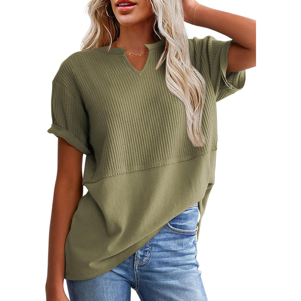 SHEWIN Womens Casual V Neck Waffle Knit Tops Short Sleeve T Shirts Loose Blouses
