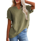 SHEWIN Womens Casual V Neck Waffle Knit Tops Short Sleeve T Shirts Loose Blouses