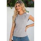 Sidefeel Womens Tops Casual Crewneck Cap Sleeve Tops Ribbed Raw Hem Summer T Shirts Slim Fit Basic Tees Blouses