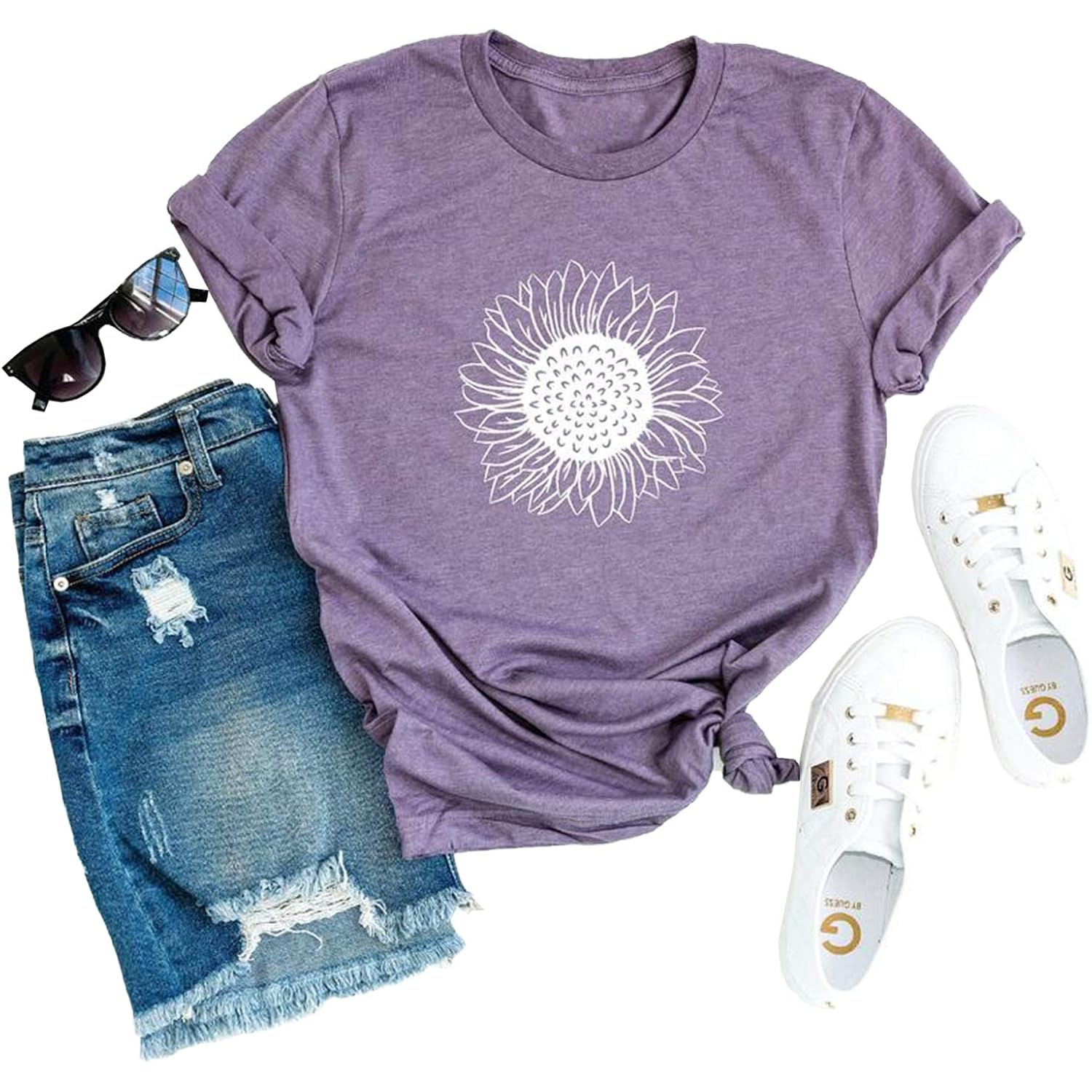 MaQiYa Womens Cute Sunflower Graphic Printed Tee Shirts Vintage Short Sleeve Cotton Shirts Tops