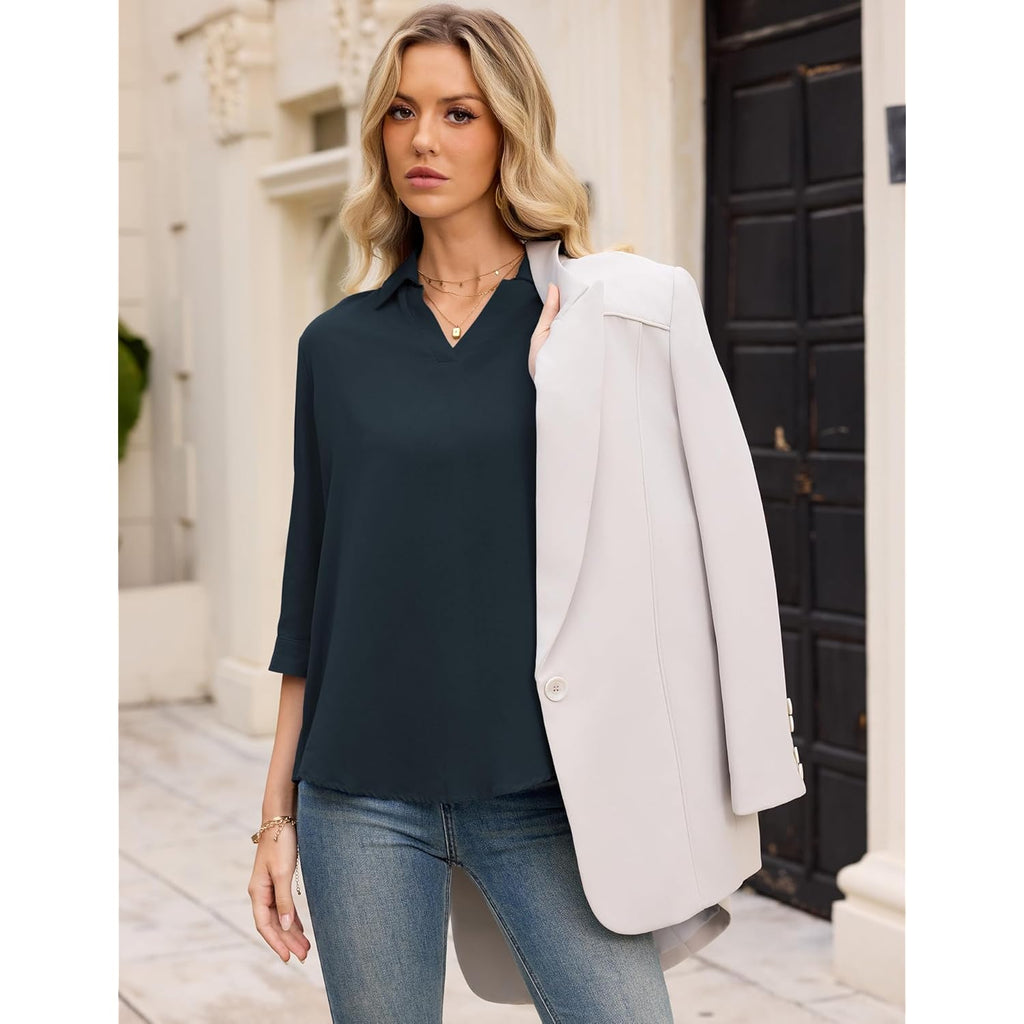 Women's Collared Cotton Linen Tunic Top Navy Blue