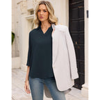 Women's Collared Cotton Linen Tunic Top Navy Blue