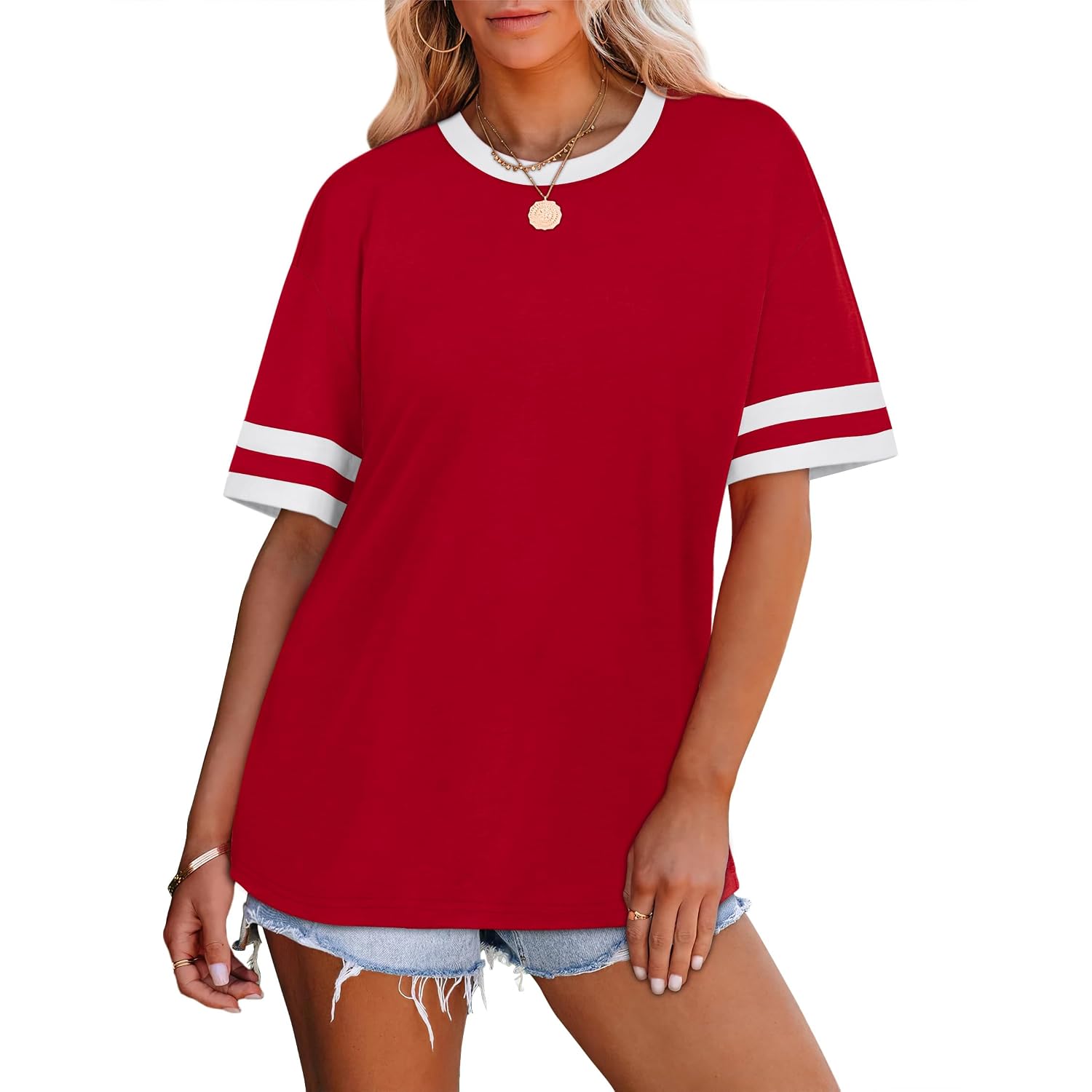 WIHOLL Womens T Shirts Loose Fit Short Sleeve Tees Crew Neck Color Block Summer Tops 2026 Fashion