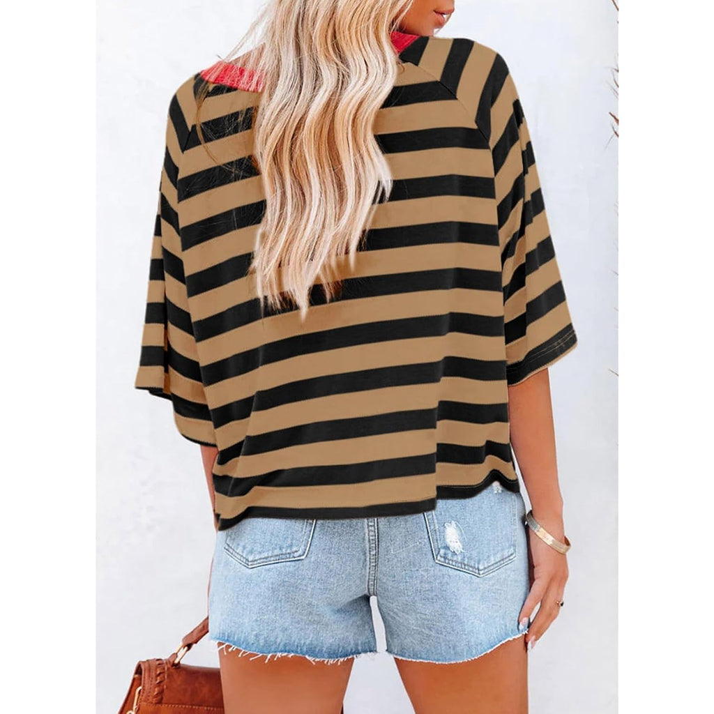 Dokotoo Tops for Women Striped 2026 Fashion T Shirts for Women Color Block Crewneck Design Loose Basic Tee
