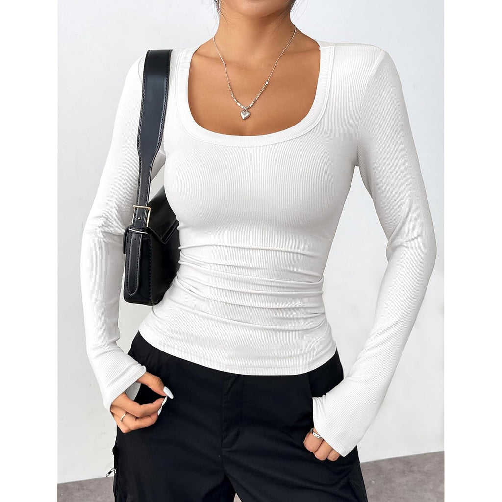 Zeagoo Women's Long Sleeve Scoop Neck Shirts Casual Slim Fit Rib Knit Tops Summer Fall Basic Business Work Tee