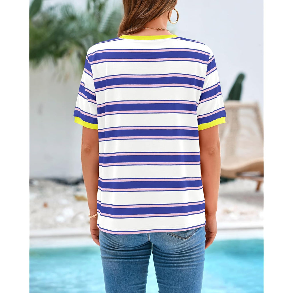 BTFBM Summer Tops for Women 2026 Crewneck Short Sleeve Striped T Shirts Casual Spring Clothes Color Block Basic Tee Blouses