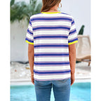 BTFBM Summer Tops for Women 2026 Crewneck Short Sleeve Striped T Shirts Casual Spring Clothes Color Block Basic Tee Blouses