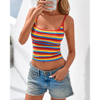 PRETTYGARDEN Women Summer Crop Tops Sleeveless Spaghetti Strap Tank Striped Cami Knit Y2K Clothes Slim Fit Spring Shirts