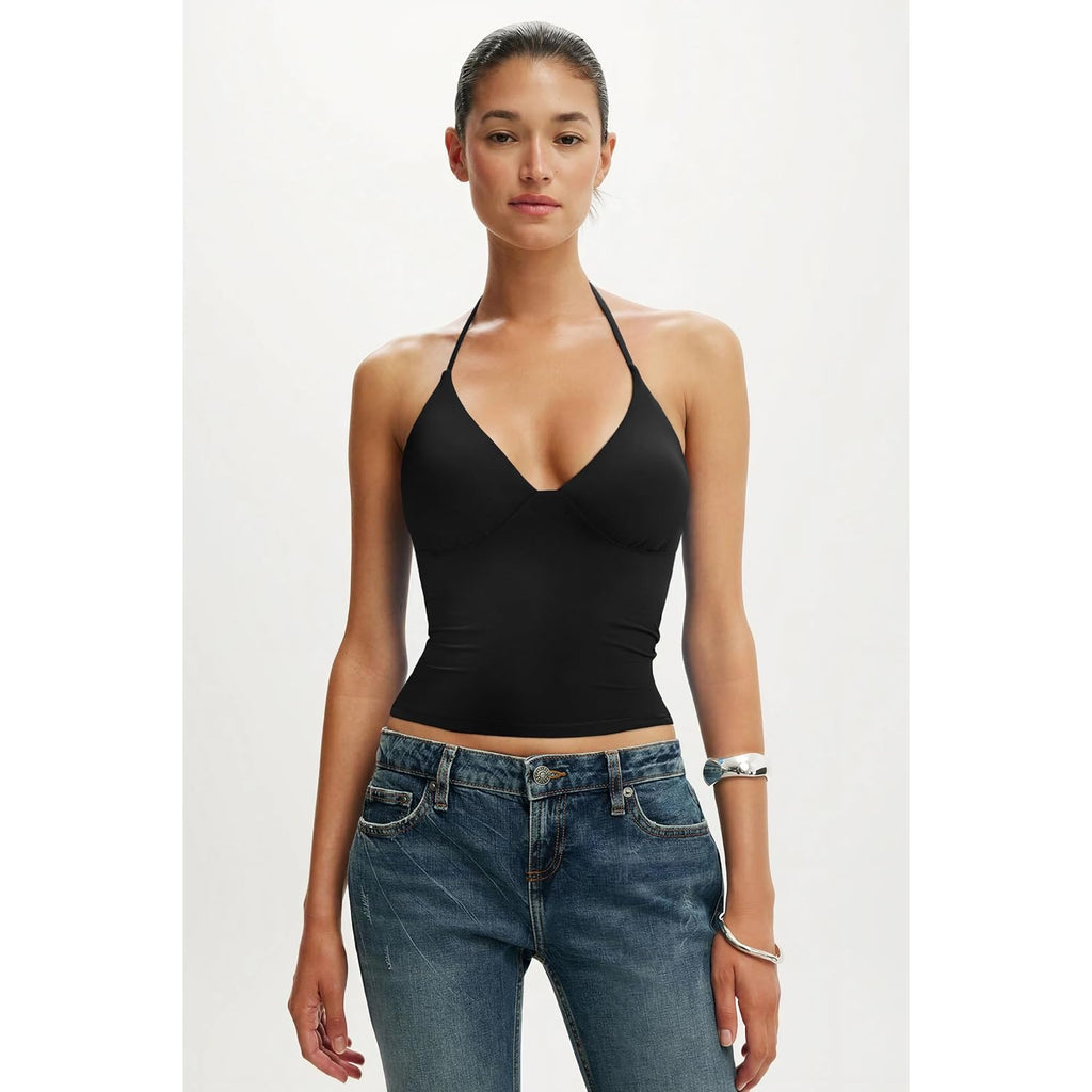 SUUKSESS Women Double Lined Halter Tank Top Summer Padded Going Out Tops Sleeveless Basic Shirts