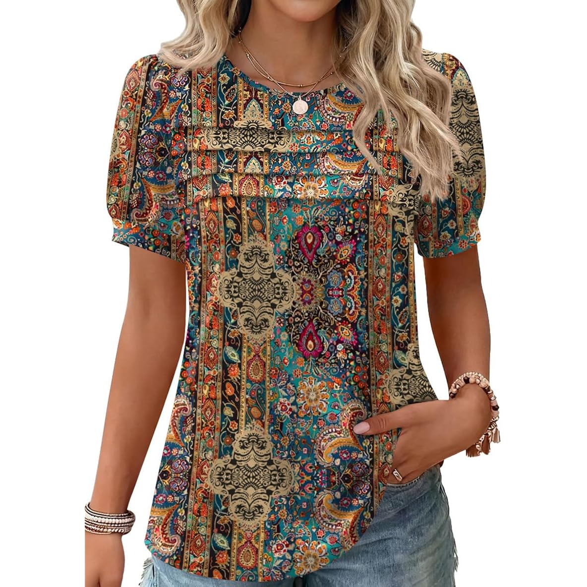 Women's Floral Puff Sleeve Tunic Top Boho Multicolor