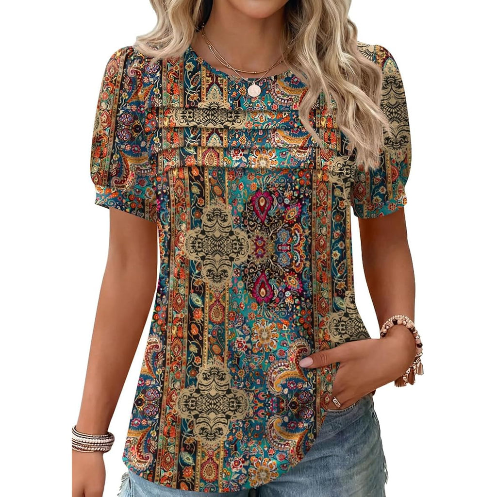 Women's Floral Puff Sleeve Tunic Top Boho Multicolor