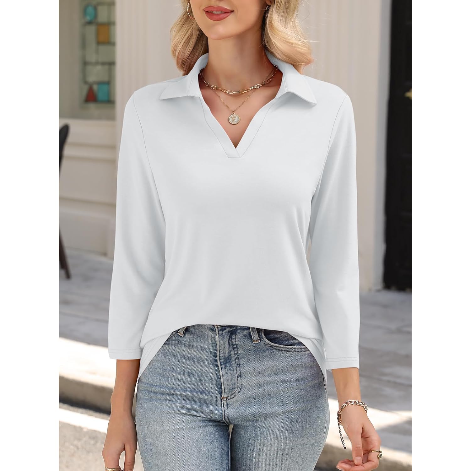 Women's 3/4 Sleeve V-Neck Polo Shirt White