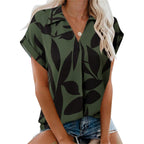 Women's Lapel V-Neck Tunic Top Leaf Green