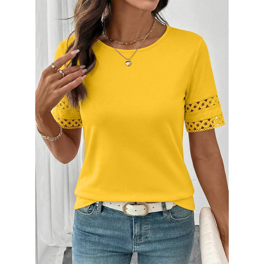 SHEWIN Womens Tops Crewneck Hollow Out Short Sleeve Shirts Lace Spring Blouses Tee Summer Tops for Women 2026