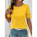 SHEWIN Womens Tops Crewneck Hollow Out Short Sleeve Shirts Lace Spring Blouses Tee Summer Tops for Women 2026