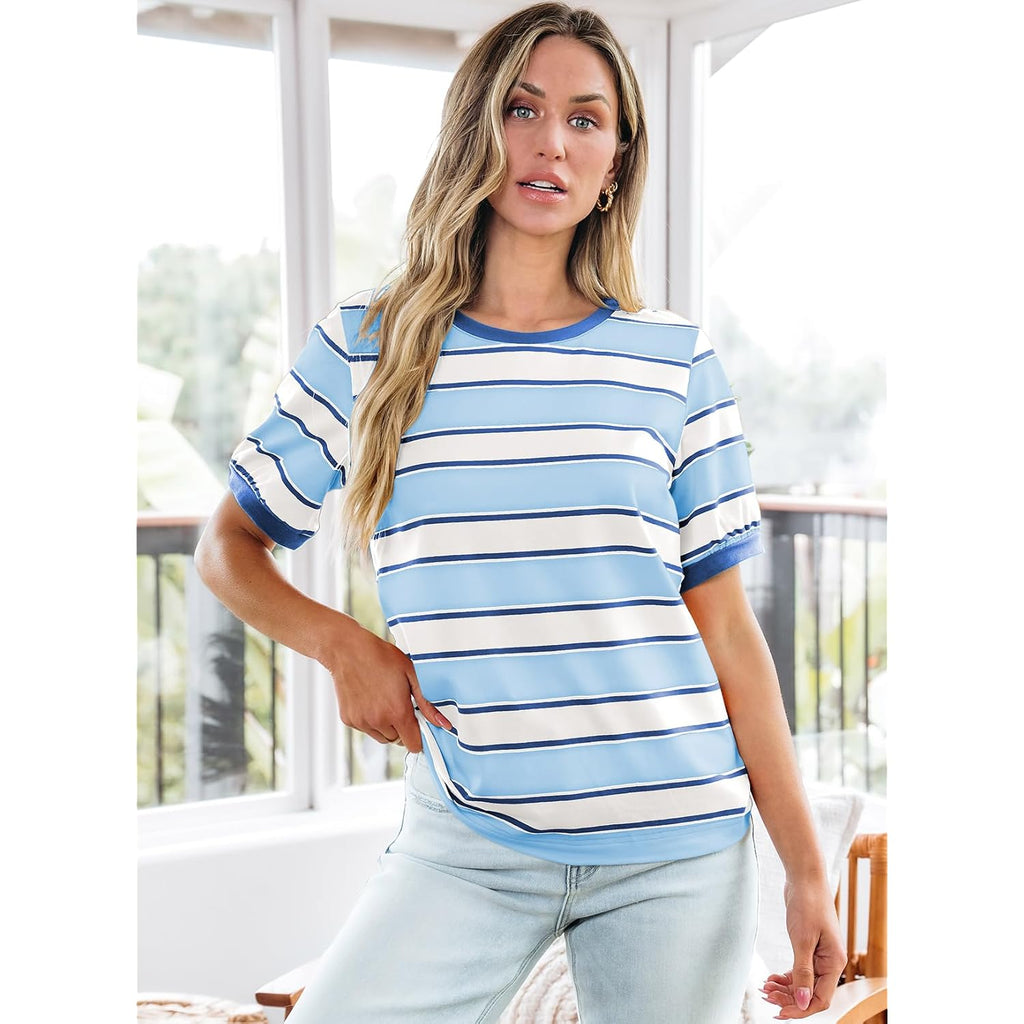 Dokotoo Womens Summer Tops 2026 Striped Color Block Short Sleeve Fashion T-Shirts Crewneck Casual Loose Basic Tee Blouses