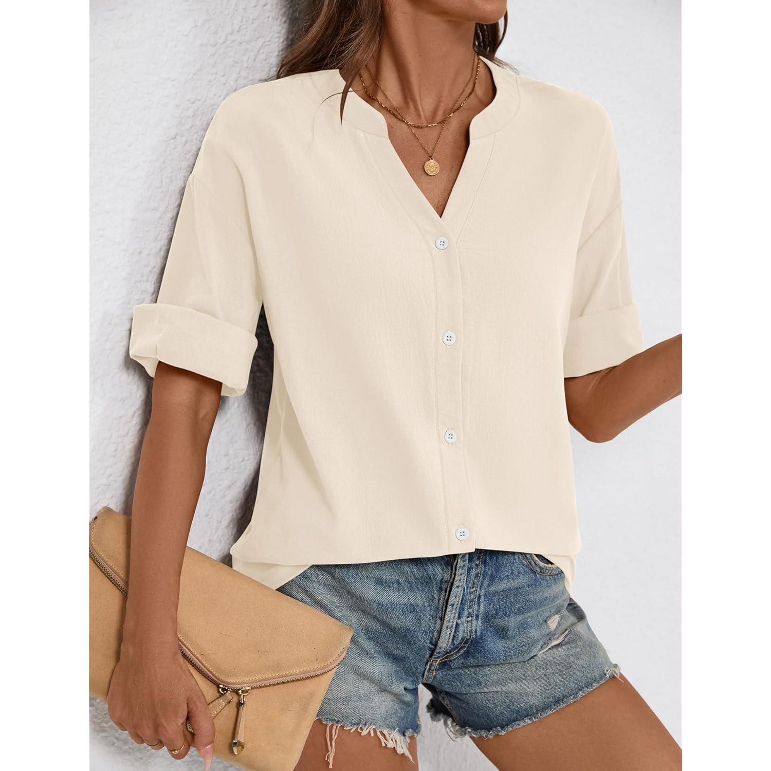 Women's Cotton Linen Button-Up Tunic Top Apricot