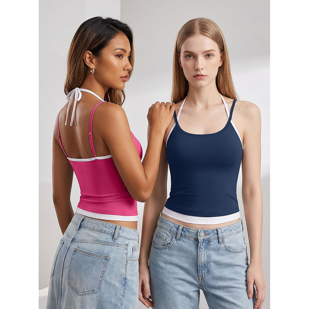 V FOR CITY Womens Built in Bra Tank Top Halter Cotton Adjustable Spaghetti Straps Crop Cami Shirt 2026