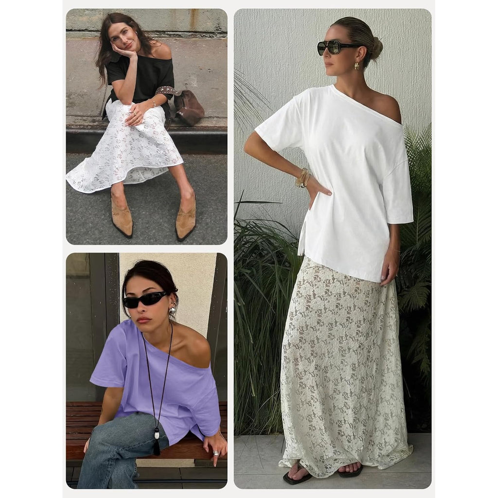 Cicy Bell Womens Oversized T-Shirts Short Sleeve Summer Casual One Shoulder Tops Side Split Loose Fit Tees
