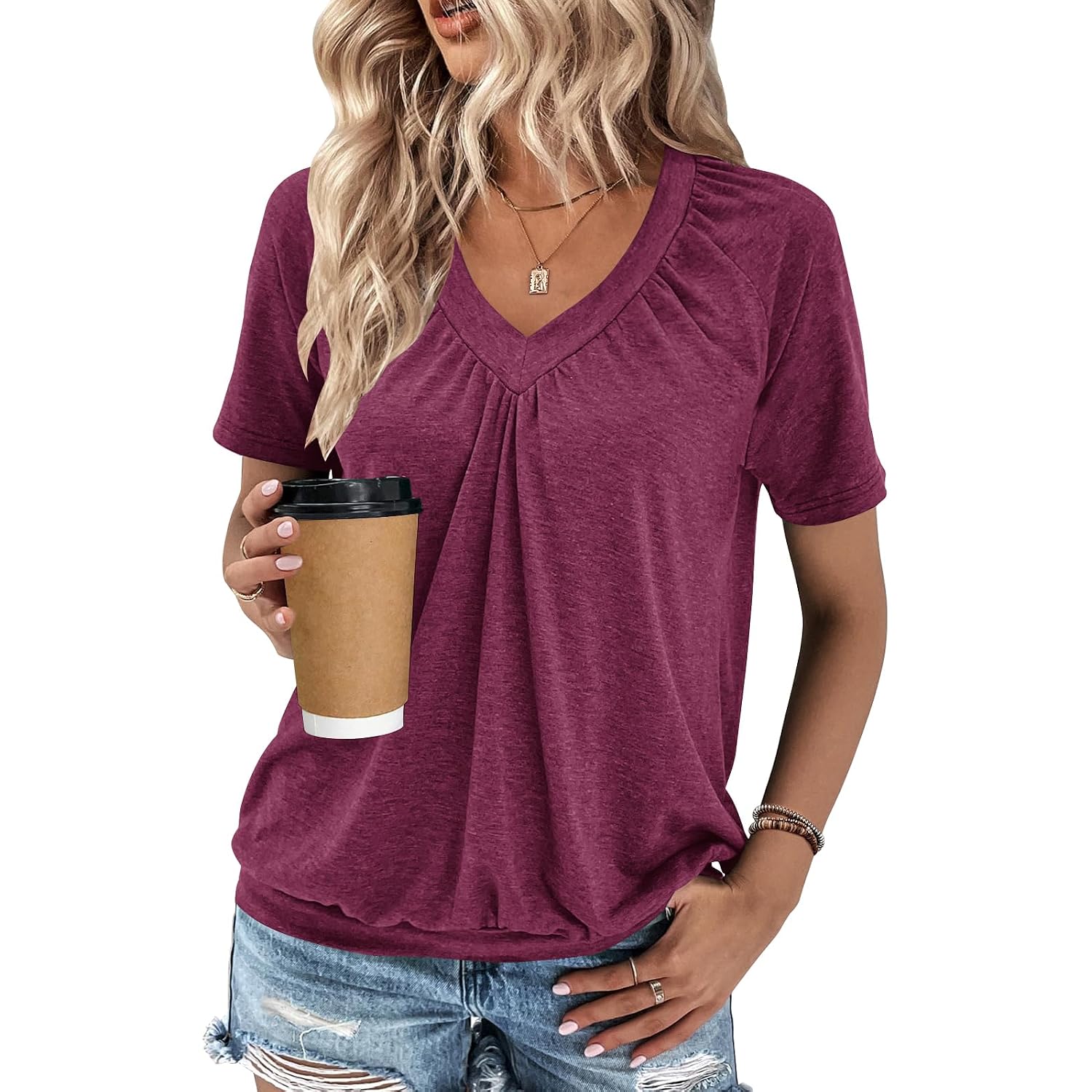 2 Pack Summer Tops for Women V Neck Shorts Sleeve Casual Ruched Tops Women T Shirts Clothes Trendy 2026