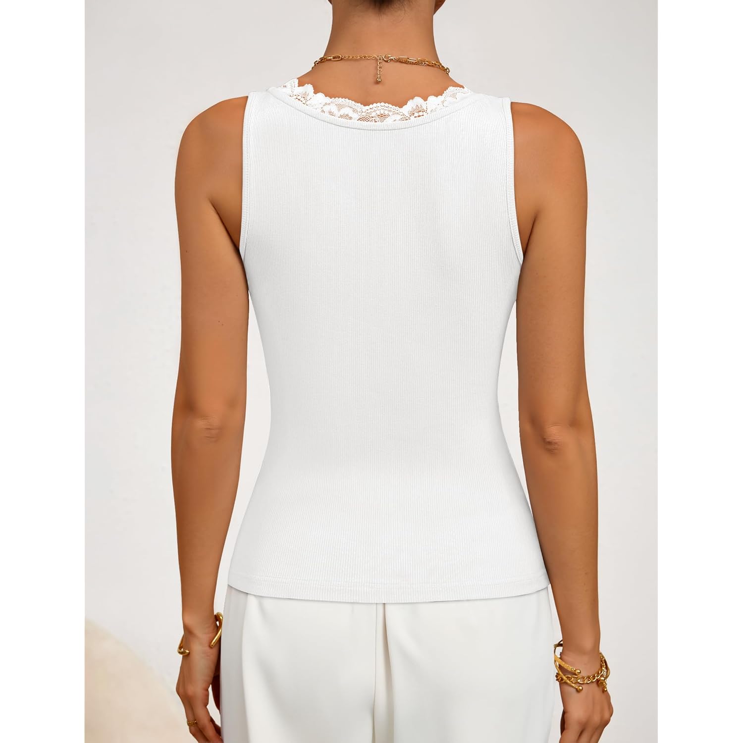 Women's Lace Trim V-Neck Tank Top White