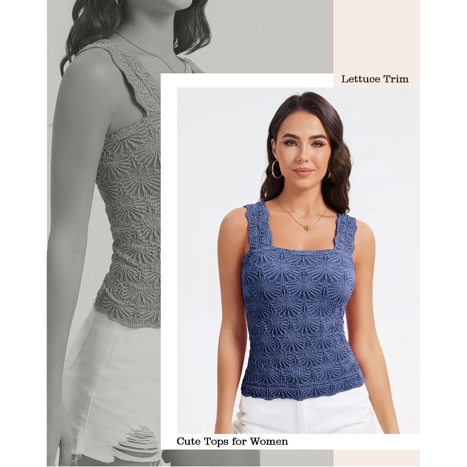 Women's Square Neck Wide Strap Crop Tank Tops Slim Fit Sleeveless Going Out Top Flower Lettuce Trim Cami Tops