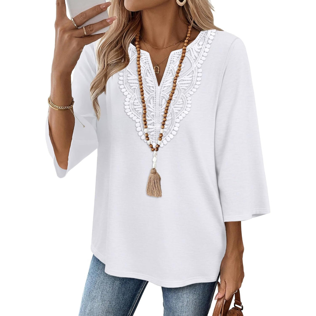 Women's Boho Lace V-Neck Tunic Top White